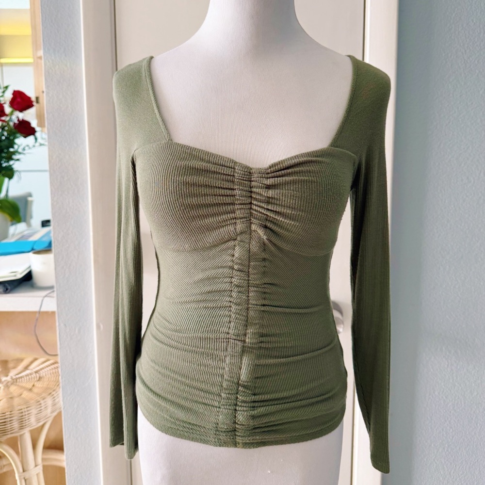 Marciano Olive Green Ribbed Corset Long Sleeve Top